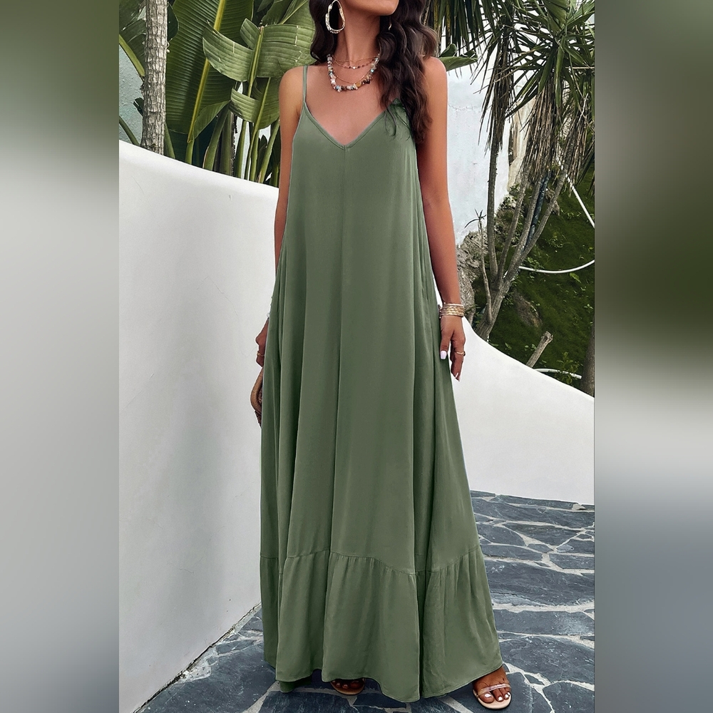 Oversized Pocket Casual Sleeveless V-Neck Low Back Long Summer Maxi Dress - Picture 8 of 12